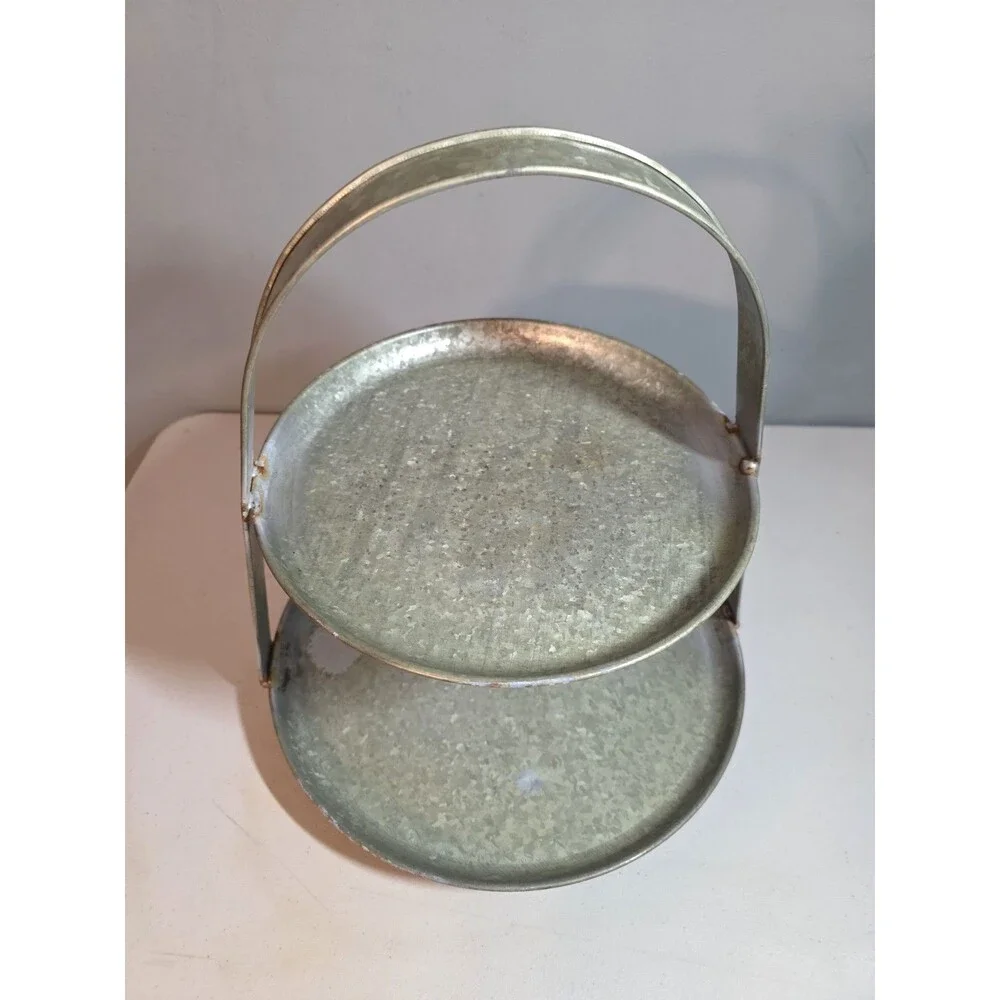 Large Pottery Barn Galvanized Two Tier Round Tray 16 Inches Cottagecore